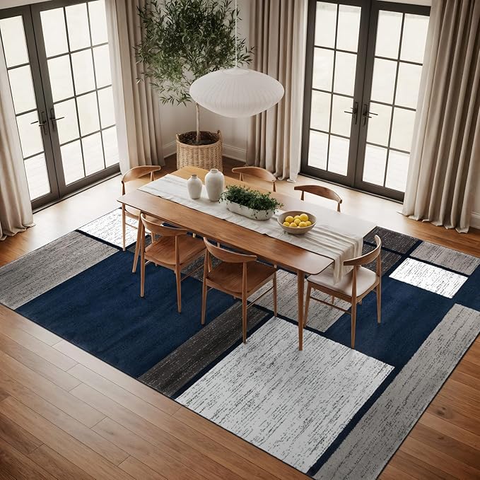 Rugshop Modern Geometric Boxes Navy Area Rug, Carpet with Jute Backing for Living Room, Large Bedroom, or Open Spaces, 9' x 12'