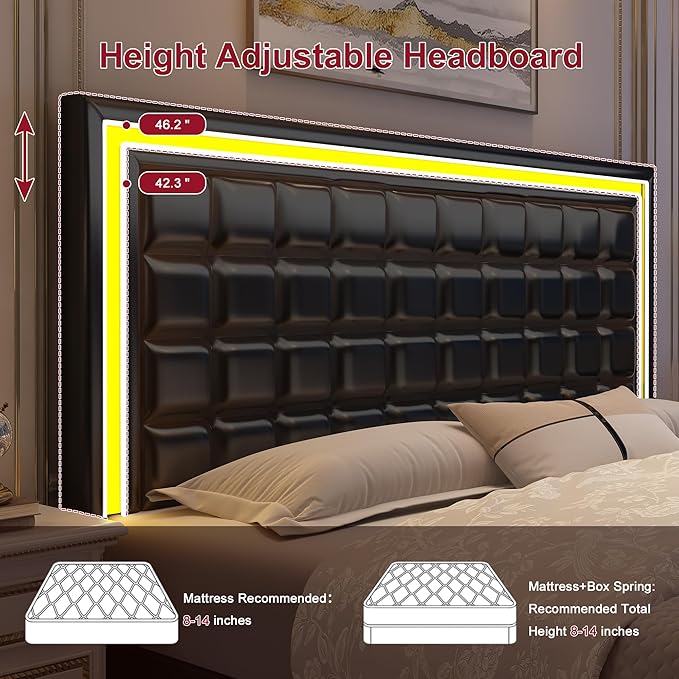 Full Led Bed Frame with 4 Storage Drawers, No Box Spring Needed, Supports 900 lbs, Easy Assembly, Quiet and Sturdy Design, PU Black