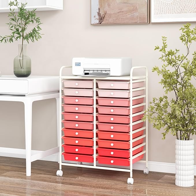 COSTWAY 20-Drawer Rolling Storage Cart, Utility Storage Organizer Cart for Tools, Scrapbook, Paper, Craft, Multipurpose Storage Trolley on Wheels for Home Office School, Mixed Pink