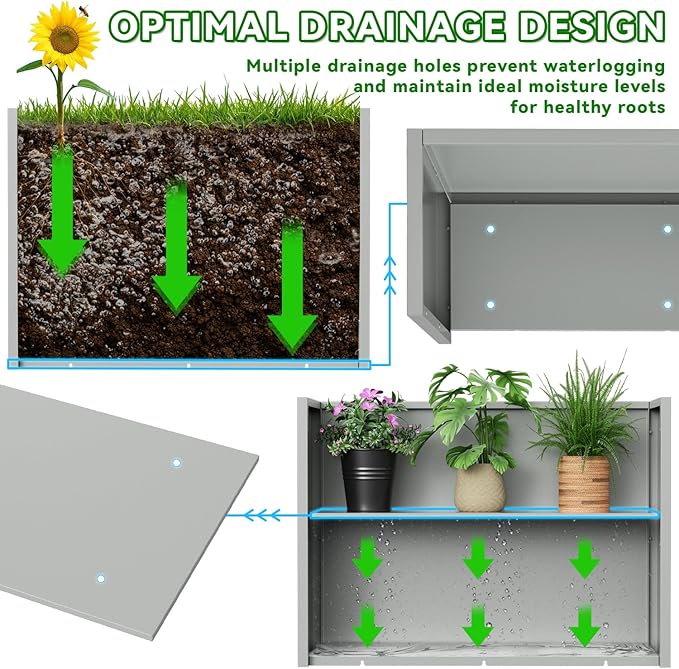Tall Metal Planter Box, 30" L x 10" W x 24" H Large Outdoor Planters with Drainage & Adjustable Shelf, Heavy Duty Steel Rectangular Planter for Patio, Balcony, Indoor(Gray)