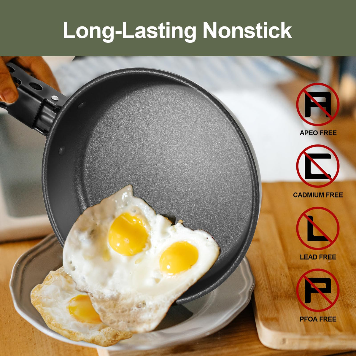 Odoland 5pcs Camping Cookware Non-Stick Camping Pot and Pan Set with Kettle and Removable Handle for Hiking Backpacking and Picnic(Green)