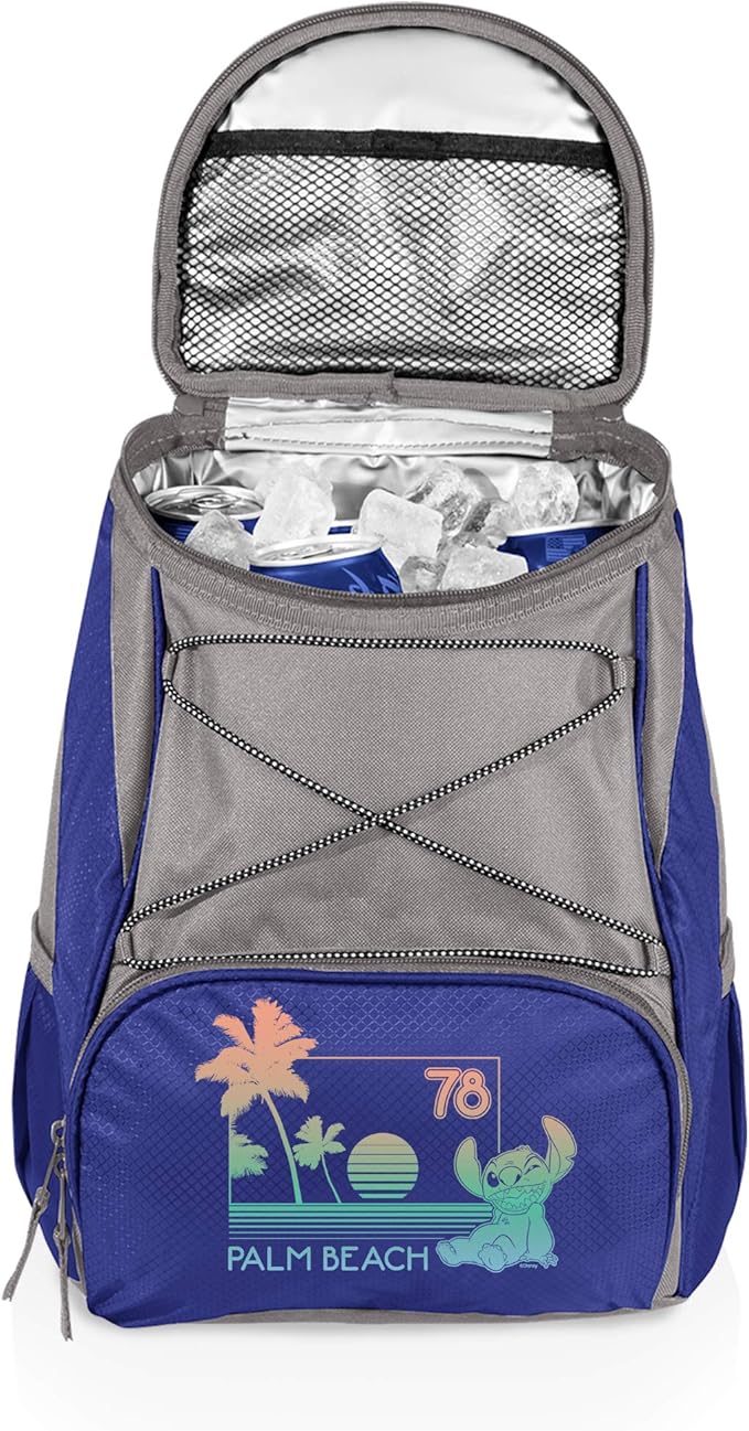 PICNIC TIME Disney Lilo & Stitch Palm Beach Backpack Cooler, Insulated Leakproof Soft Cooler, Waterproof Lunch Bag, Portable Travel Ice Chest (Navy Blue with Gray Accents)
