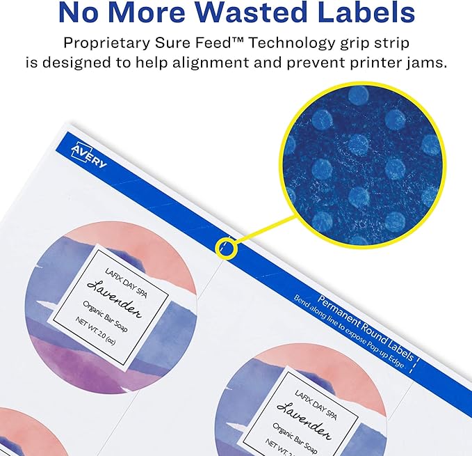 Avery Round Labels, 2" Diameter, Sure Feed Technology, Print-to-The-Edge, Easy Peel, Laser/Inkjet, Permanent, 120 Blank Circle Labels Total (22612) (Pack of 2)