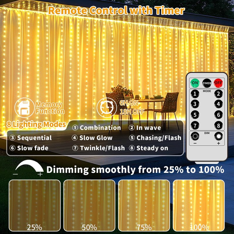 Curtain Lights Battery Operated 10 * 10Ft 300LED Waterfall Light with 8 Modes Remote Dimmable Timer Memory Waterproof Twinkle Fairy String Lights for Indoor Outdoor Backdrop Bedroom Pergola Christmas