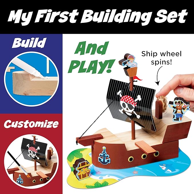 Creativity for Kids Buildeez! Easy Wooden Model Set: Pirate Ship, Sea Skull - DIY Arts & Crafts Kit, STEM Toys and Gift for Kids, Boat Toys for Boys (Ages 5+)