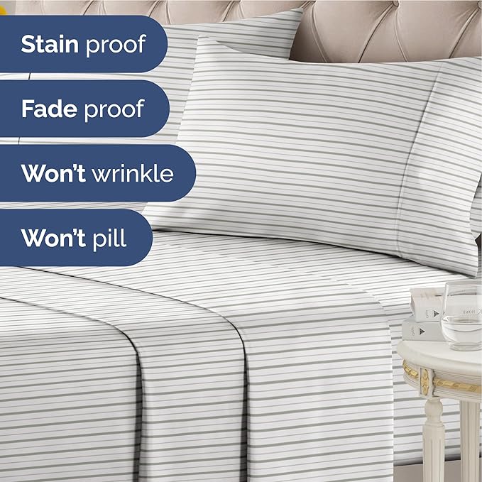 Striped Sheets - Light Grey & White Striped Sheets - 1 Flat & 1 Fitted & 2 Pillowcases w/ Deep Pockets – Wrinkle & Fade Free - Soft, Breathable & Cooling – Luxury Pinstripe Bedding - King Size Bed Set