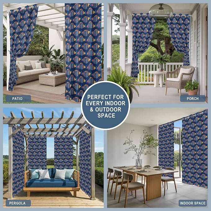 Fish Outdoor Curtains for Patio Vintage National Wind Fish Blue Waterproof