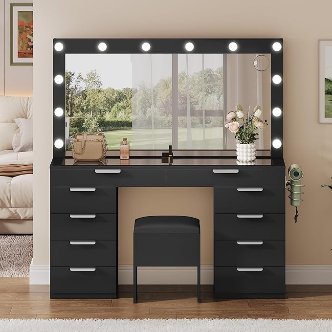 YITAHOME 46" Glass Top Vanity Desk with Mirror with Lights, Large Makeup Vanity Set with 10 Drawers & Storage Stool, Power Outlet, Dressing Table with 3 Adjustable Light Modes, Dressing Room, Black