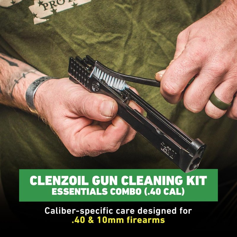 CLENZOIL Field & Range Pistol & Rifle Essentials Gun Cleaning Kit | CLP Spray & Oiler with Bore Cleaner | Clean, Lubricate & Protect | Nylon Brush, Bore Swabs & Microfiber (40 Caliber | 10mm)