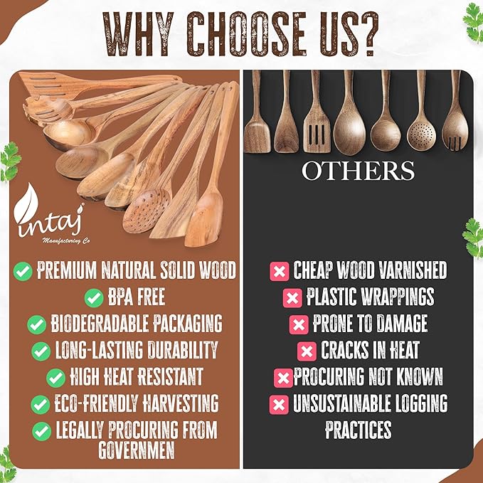 INTAJ Teak Wooden Spoons for Cooking, 9-Piece Handmade Kitchen Utensil Set