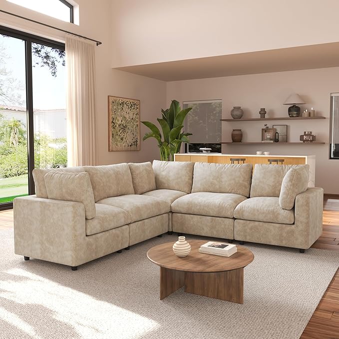JACH V Shape Sectional Couches for Living Room, Deep Seat Convertible Modular Sofa, Cloud Sectional Couch, Sofa Covers Washable, Minimalist Couch for Living Room, Apartment, Khaki