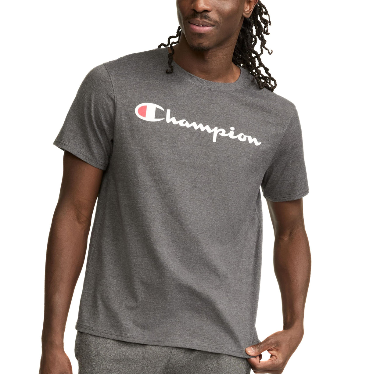 Champion Men's Graphic Short Sleeve T-Shirt, Standard Fit, Classic Script Logo, Midweight 100% Cotton, Available in Regular and Big & Tall, Granite Heather, Large