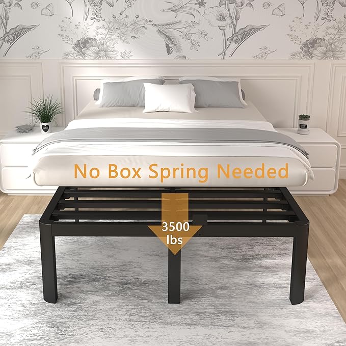 ITIMIDI 16 Inch Metal Bed Frame Queen Size, Safety Design with Rounded Corner Legs and DIY Headboard, No Box Spring Needed, Easy Assembly, Noise Free, Sturdy and Stable, Black
