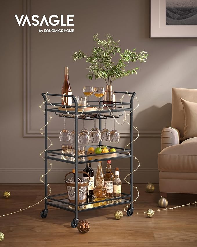VASAGLE Bar Cart Black, Small Home Bar Serving Cart with 3-Tier Mirrored Shelf, Wine Holders, Glass Holders, for Small Spaces, Kitchen, 15 x 23.6 x 36.2 Inches, Black ULRC100B01