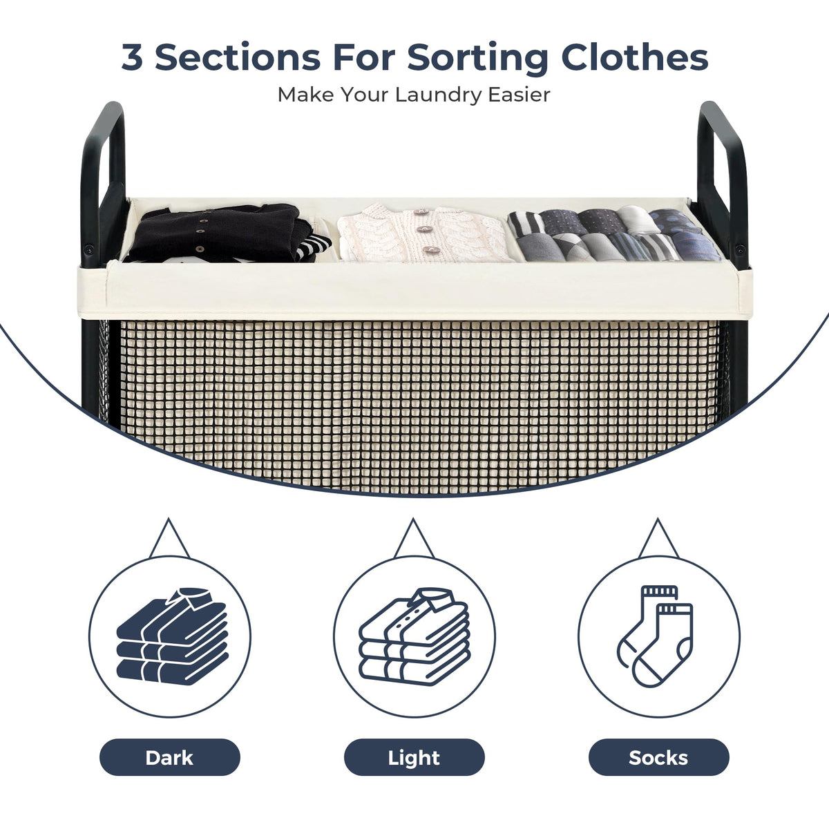 STO STO Laundry Hamper 3 Section, 120L Rolling Laundry Sorter Cart with Removable and Washable Liner Bag, Clothes Hamper with Wheels and Metal Handle for Laundry Room and Bedroom