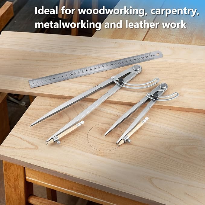 WORKLION Woodworking Compass Geometry Set - Large Locking Pencil Compass for Drawing Circles, Professional 8 Inch Woodworking Compass with 2 Pencils and a 12inch Ruler, Perfect for Precision Geometry.