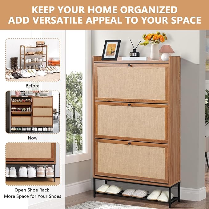 LEVNARY Shoe Storage Cabinet with 3 Flip Drawers, Freestanding Shoe Cabinet Storage Organizer for Entryway, Wooden Narrow Shoe Racks Cabinet with Metal Legs for Hallway (Walnut)
