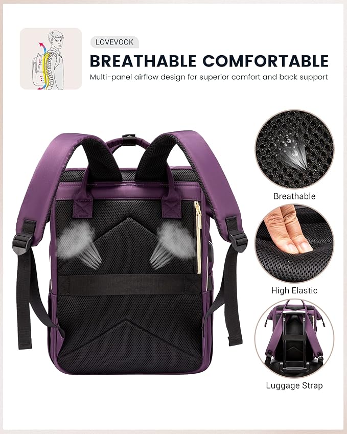 LOVEVOOK Laptop Backpack Women, 15.6 Inch Backpack with Charger, Water Resistant Teacher Bag Work Backpack with Laptop Compartment for Travel Business College, Dark Purple