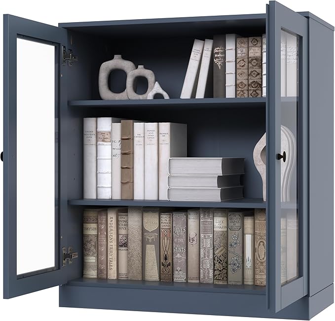 Palace Imports Solid Wood Bookcase - Floor Standing Bookshelf - 32” W - Display Furniture, Renewable 100% Eco-Friendly Wood, Made in Brazil (Antique Blue, Clear Glass Doors | 3-Shelf Short Bookcase)