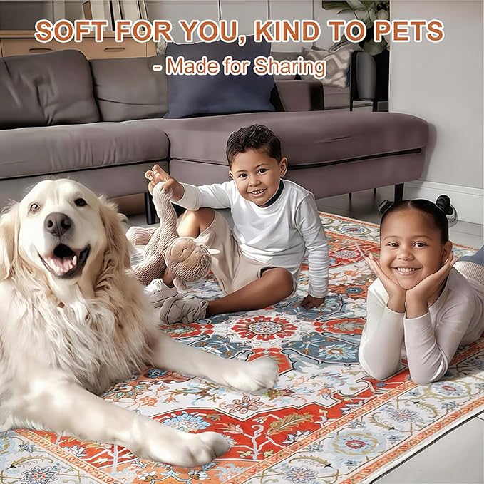 WILLSUN Washable Area Rugs, 3x5 Non-Slip Boho Large Area Rugs for Living Room, Bedroom, Machine Washable Vintage Rug, Indoor Floral Print Carpet for Home Decor, Kid & Pet Friendly Mat