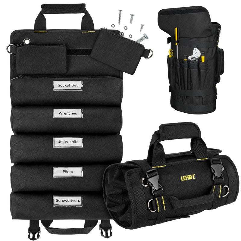 Tool Bag,Large Roll Up Tool Bag Organizer,13 Pockets Tool Roll Storage Pouch,Heavy Duty Portable Tool Storage Carrier Bag for Men,Mechanic,Electrician,Valentines Day Gifts for Men,Black