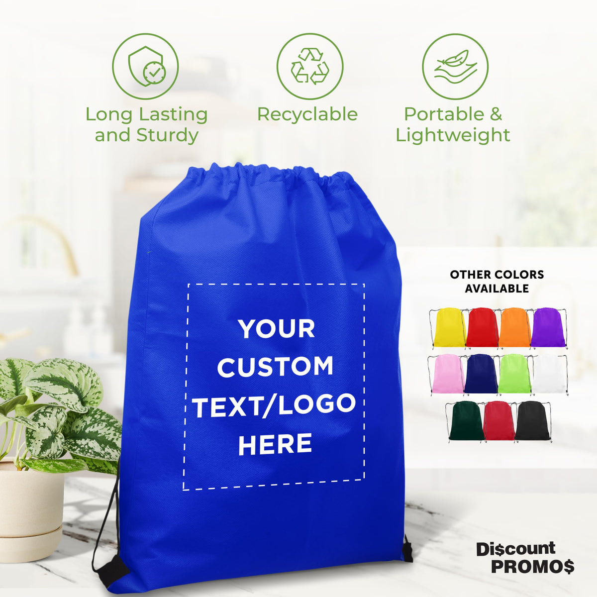 DISCOUNT PROMOS Custom Non-Woven Drawstring Backpacks Set of 10/50/100, Personalized Bulk Pack - Travel, Gym, Everyday Use - Blue
