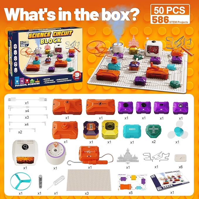 Science Kits for Kids - STEM Kits for Kids, Electronics Exploration Kit, Over 420 Projects, 50 Circuit Parts with Bubble Maker，Fan & Flying Helicopter, STEM Educational Toy Gifts for Boys& Girls