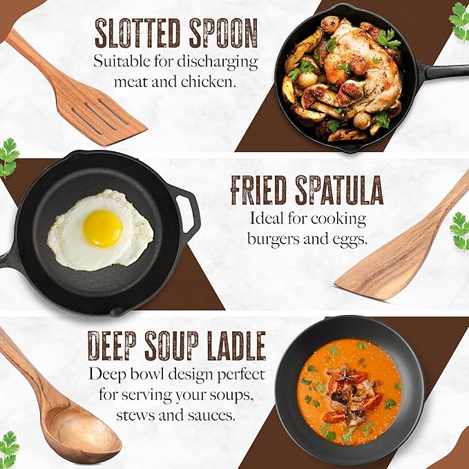 INTAJ Teak Wooden Spoons for Cooking, 9-Piece Handmade Kitchen Utensil Set
