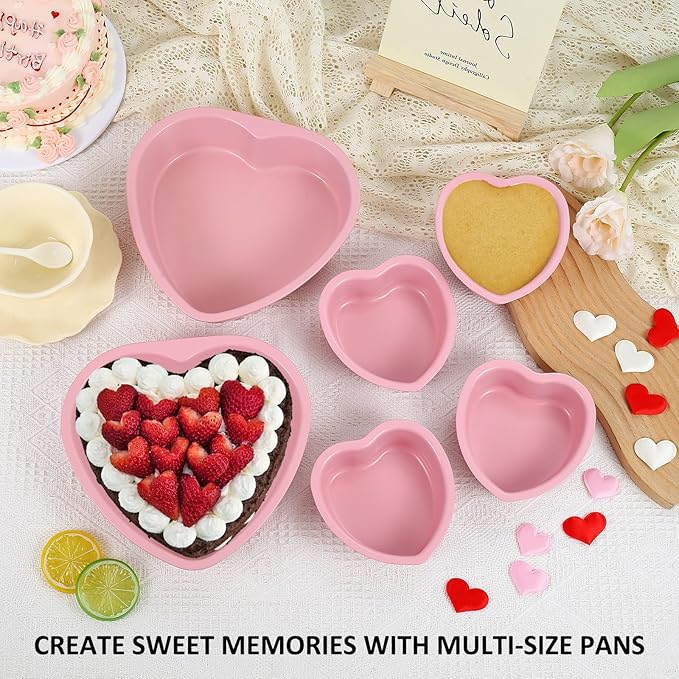 AVSQUINE 7 & 4 Inch Heart Shaped Cake Pans Set of 6, Pink Carbon Steel Baking Pans Set, Nonstick Heart Cake Mold for Baking, Small Cake Pans, Bakeware Sets for Valentine's Day Wedding