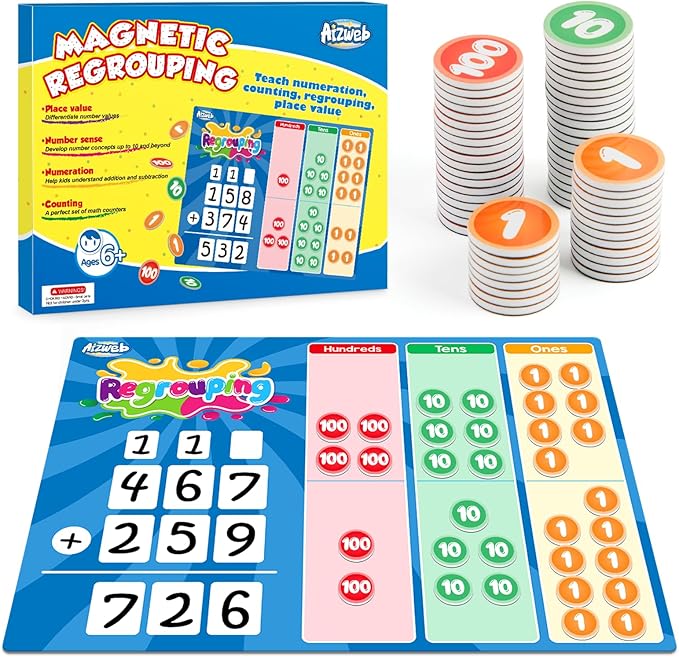 Aizweb Magnetic Regrouping Base Ten Place Value Chart,Addition and Subtraction Math Manipulatives,Dry Erase Board for 1st 2nd 3rd Grade Classroom Must Haves,Hands On Regrouping Math Games for Kids