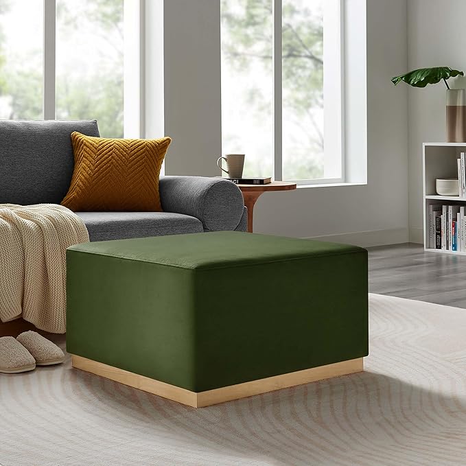 Modway Tilden 28 Inch Square Performance Velvet Upholstered Ottoman in Moss Green Natural - Large Ottoman Foot Rest with Rubberwood Plinth Base, Living Room Ottoman Coffee Table - Velvet Ottoman Table