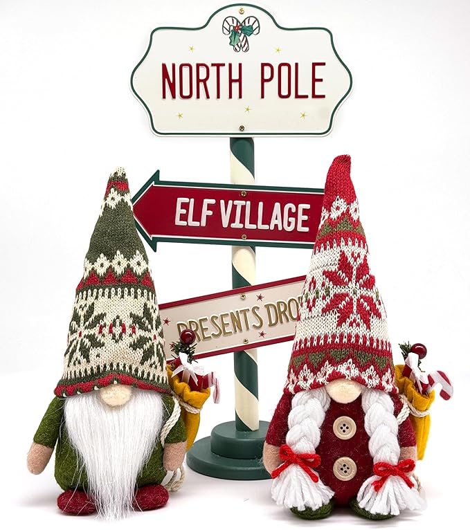 2PCS 9.5 Inch Christmas Gnome Plush Decorations, Handmade Scandinavian Tomte Elf Figurines with Gift, Nordic Xmas Gnome Ornaments for Holiday Home Table Office Decor