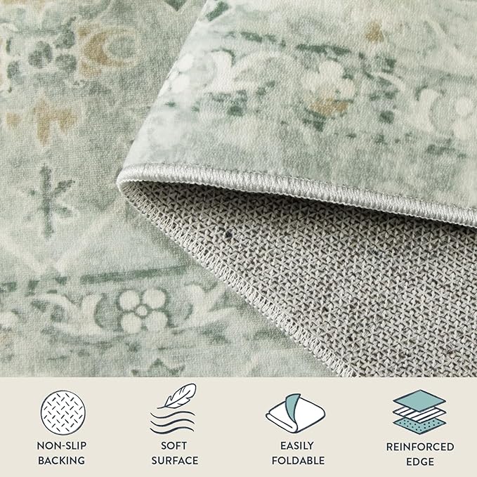 Lahome Vintage 9x12 Washable Green Rugs for Living Room Bedroom, Boho Dining Room Rugs for Under Table, Soft Non Slip Indoor Throw Carpet for Home Office Playroom (9x12ft,Light Green)