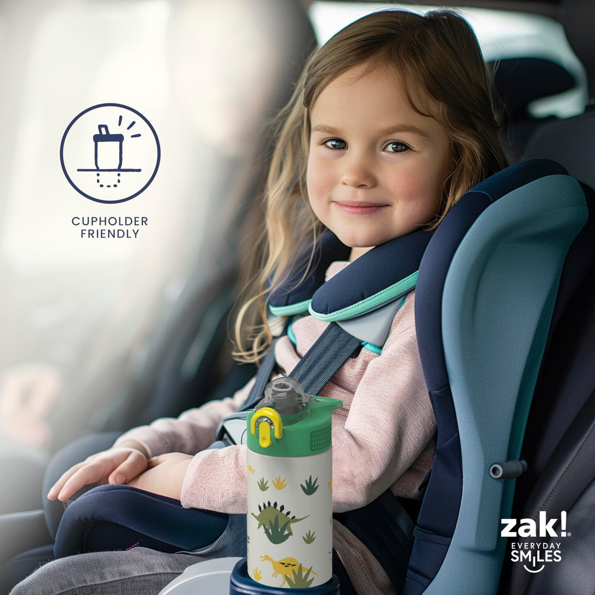 Zak Designs Sage Kids Water Bottle For School, Travel or At Home, 14oz Stainless Steel Water Bottle With Straw, Handle, and Leak-Proof, Pop-Up Spout Cover (Dino)