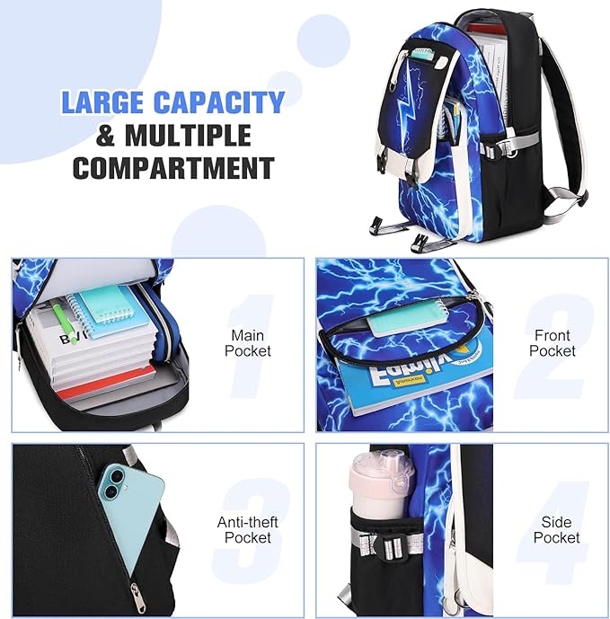 Bevalsa Backpack for Boys, Backpack with Lunch Box & Pen Case, School Bags for Kids, Bookbag for Boys Children Teens Backpacks for Elementary Middle School Student with USB Charging Port
