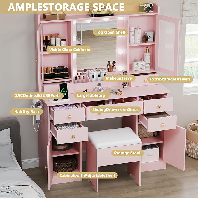 Makeup Vanity Desk with Mirror & LED Lights, Storage Drawers, Charging Station, Cabinets & Stool, Large Dressing Table with RGB Ambient Lighting for Bedroom & Vanity Room