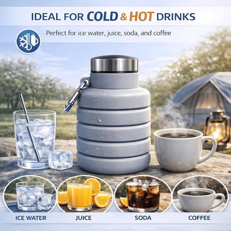 Collapsible Water Bottles,16oz Capacity Portable Reusable Silicone Water Bottle,Leak-proof,with buckle,foldable storage,Lightweight Durable for Fitness,Cycling,Sports,Camping,Hiking，Deep Black