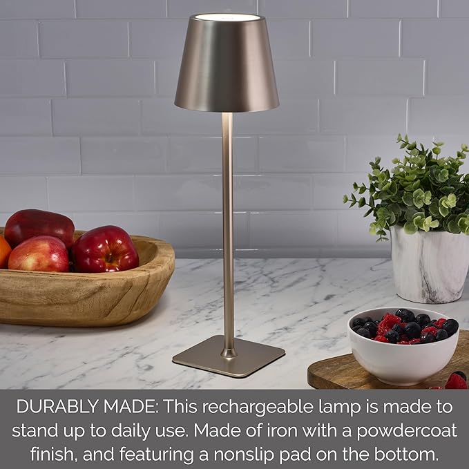 Mikasa 14.8-Inch Champagne Rechargeable LED Desk Lamp with Touch Control - 5000mAh Battery, 3 Light Colors, Stepless Dimming, 54 LED Lights, Iron Construction, USB-C Charging