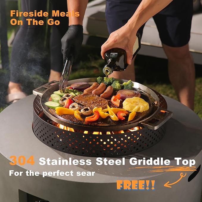32 Inch Fire Pit Table, 3-Piece Outdoor Propane Fire Pit Table 65,000 BTU Round Gas Firepit, Wind Guard, 16 inches Tank Side Table and Baking Sheet for Garden, Patio, Grey