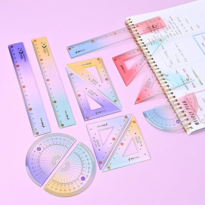 BAYTORY 12Pcs Transparent Ruler Set, Shatterproof Colorful Acrylic Rulers, Clear Lightweight Geometry Set, Student Stationery Measuring Tool, for School and Office (Gradient Colors)
