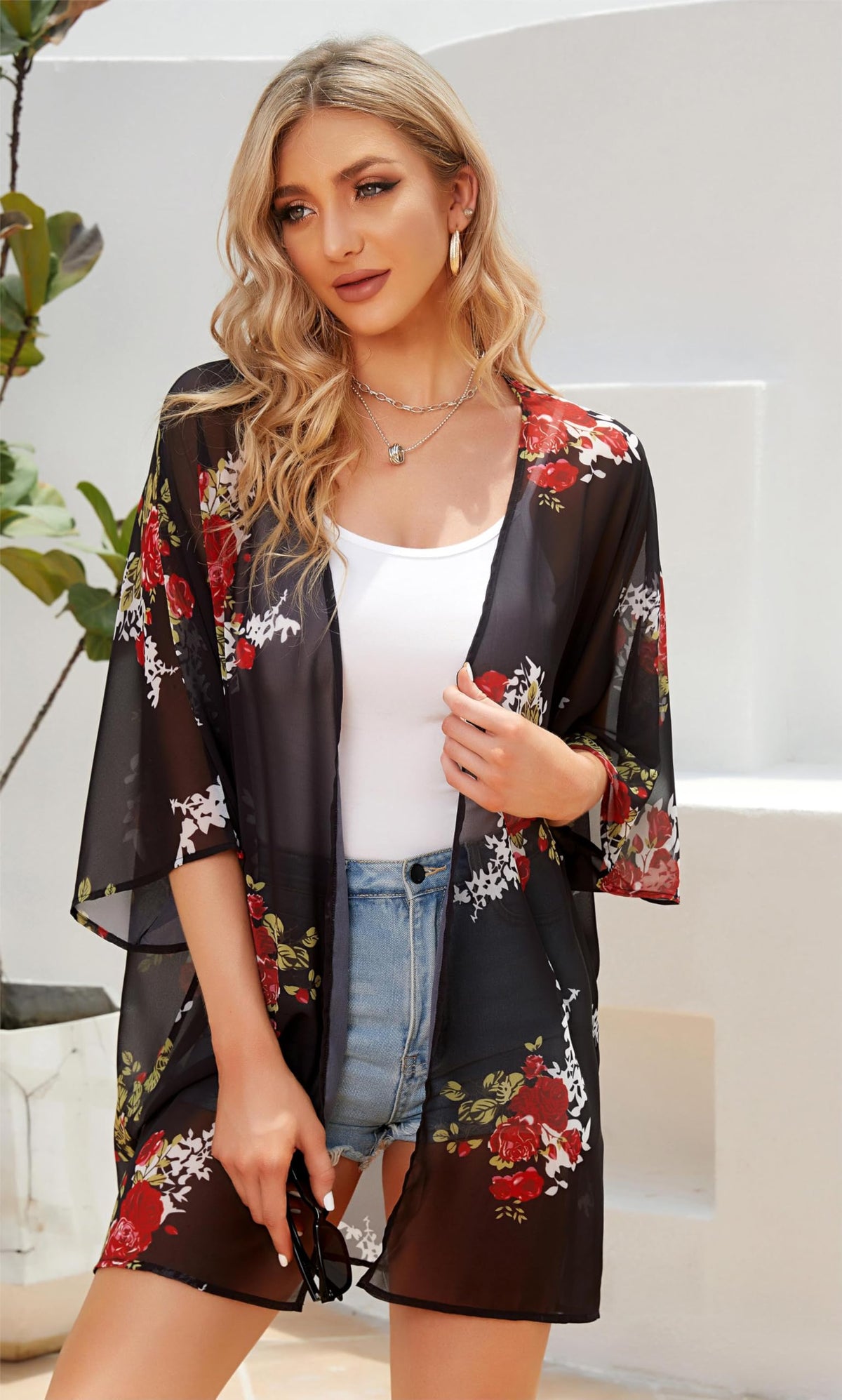 Womens Flowy Kimono Cardigans Leaf Patterns Swimsuit Coverup Beachwear Summer tops（MapleBlack,3XL