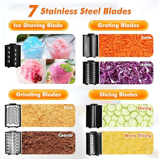 RISESOL 7 in 1 Electric Cheese Grater Ice Shaver with 7 Blades Stainless Steel Multifunctional Vegetable Shredder 250W BPA-Free 110V