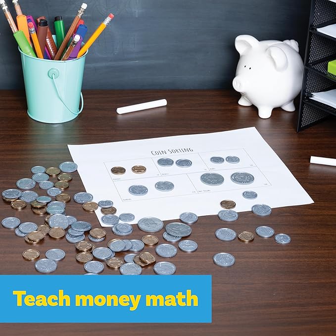 LEARNING ADVANTAGE Play Coin Set - 30 Pennies, 20 Nickels, 20 Dimes, 20 Quarters and 4 Half-Dollars - Realistic Coins for Pretend Play
