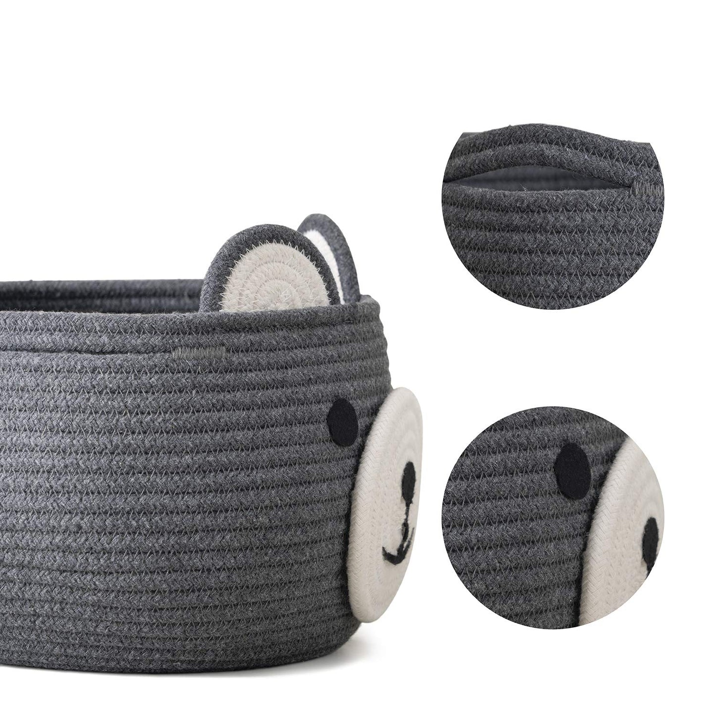 CherryNow Baby Basket for Nursery, Bear Gift Baskets for Kids, Empty Baby Shower Basket with Handles, Small Cute Animal Cotton Rope Baskets, Grey, 10.5"D x 8.5"H