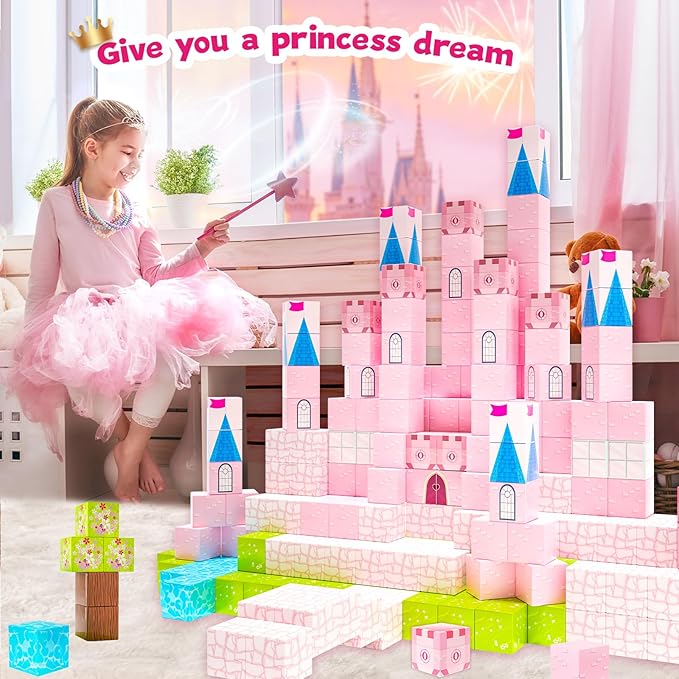 Updated Magnetic Blocks-Princess Castle, Creative Magnetic Building Blocks Toddler Toys, Birthday Gifts for Kids 3+ Years Old, STEM Montessori Sensory Toy for Boys & Girls Age 3-4 4-5 6-8