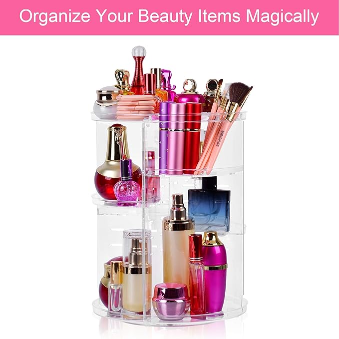 360 Rotating Makeup Organizer, DIY 8 Adjustable Layers Spinning Skincare Organizer, Cosmetic Holder Shelf, Make Up Organizers and Storage for Vanity Bathroom Countertop (Clear-A)