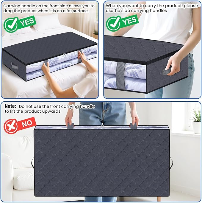 TasticTotes Under Bed Storage Containers, 2 Pack Blanket Storage Bags, Collapsible Storage Bags with Big Zippers, Clear Front, Shoe Storage and Organization for Clothes, Comforter, 90L, Grey