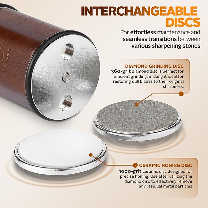 KraxenHaus Tumbler Rolling Knife Sharpener Kit – Magnetic Manual System with 4 Angles & Walnut Base Diamond & Ceramic Discs | Kitchen Knife Sharpening Tool | Interchangeable, Easy & Safe Design