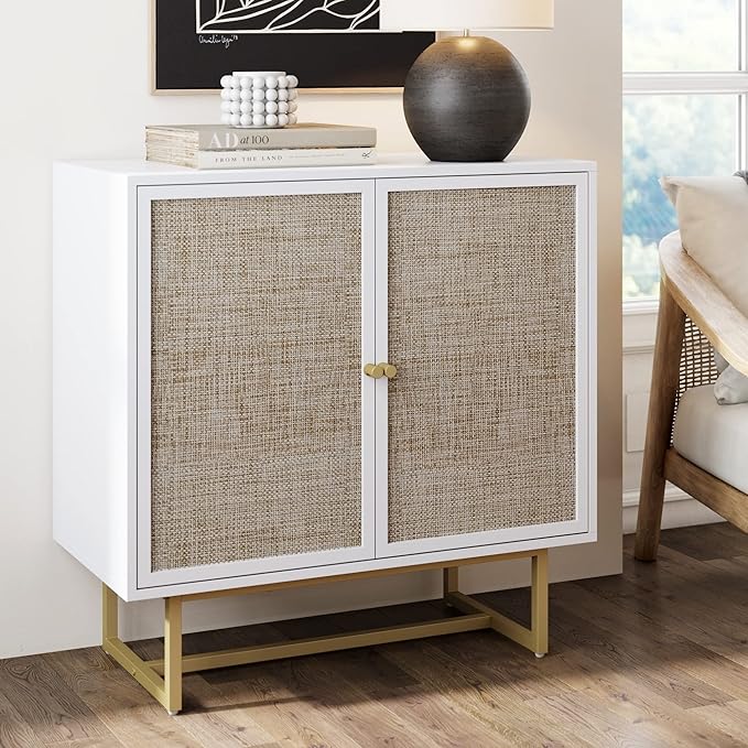 Nathan James Kova Rattan Wood Accent Natural Sideboard Storage Cabinet with Matte Metal Frame, Adjustable Interior Shelves and Cane Doors, for Hallway, Entryway or Living Room, White/Cane/Brass