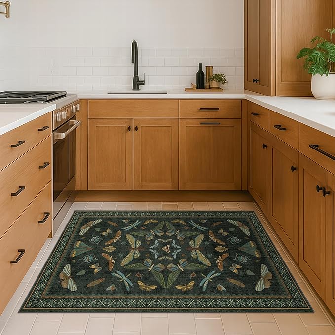 Dark Green Rug for Entryway Indoor- 3x6 Large Washable Kitchen Rug, Non Slip Insect & Floral Pattern Carpet for Entry Way, Mudroom, Vintage Stain Resistant Indoor Décor